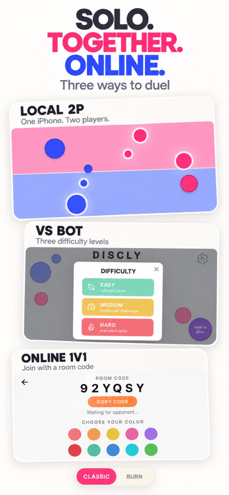 Solo, together, online: Local 2P, VS Bot and Online 1v1