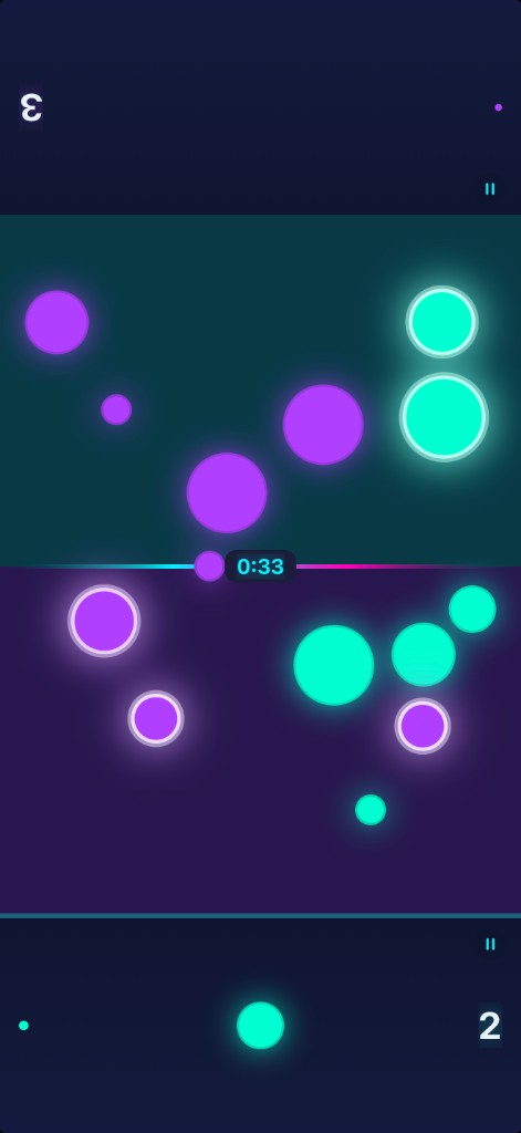 Discly gameplay — two players, one iPhone, neon synthwave theme